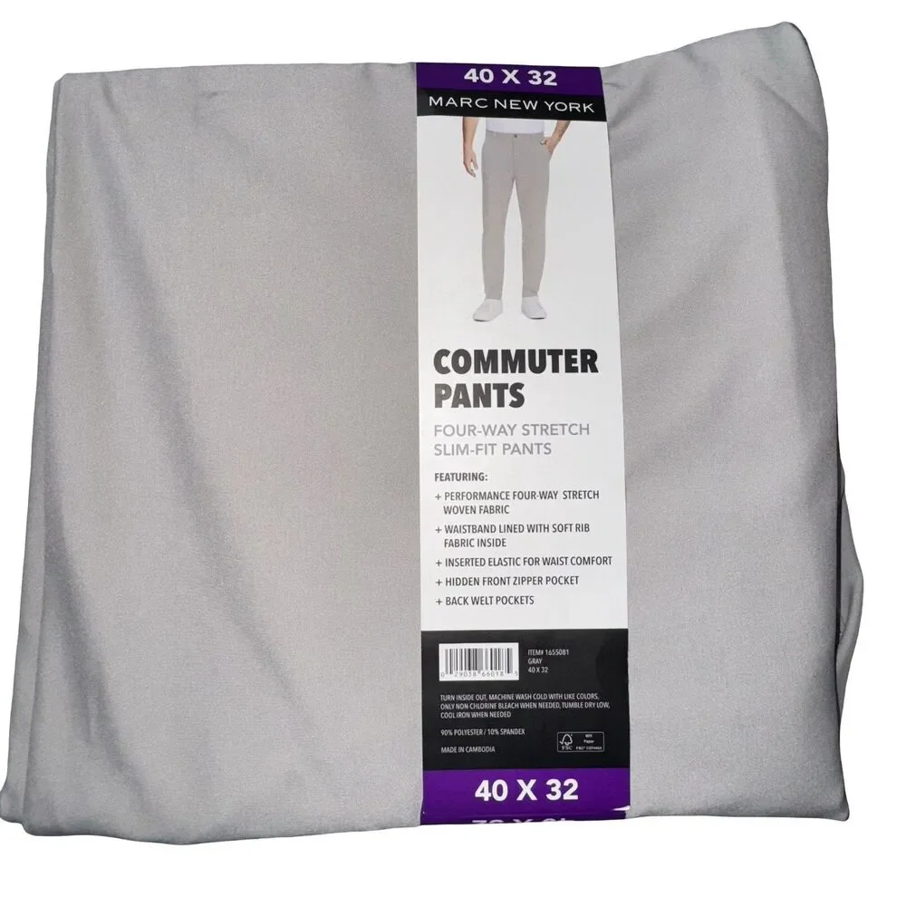 Marc New York Mens Pants Size 40x32 Gray Men's 4-Way Stretch Slim-Fit Commuter